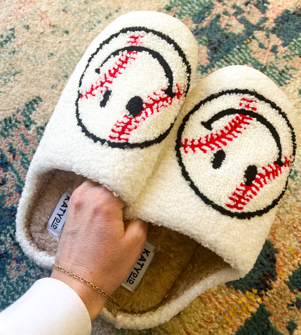 Baseball Game Day Smiley Face Slippers