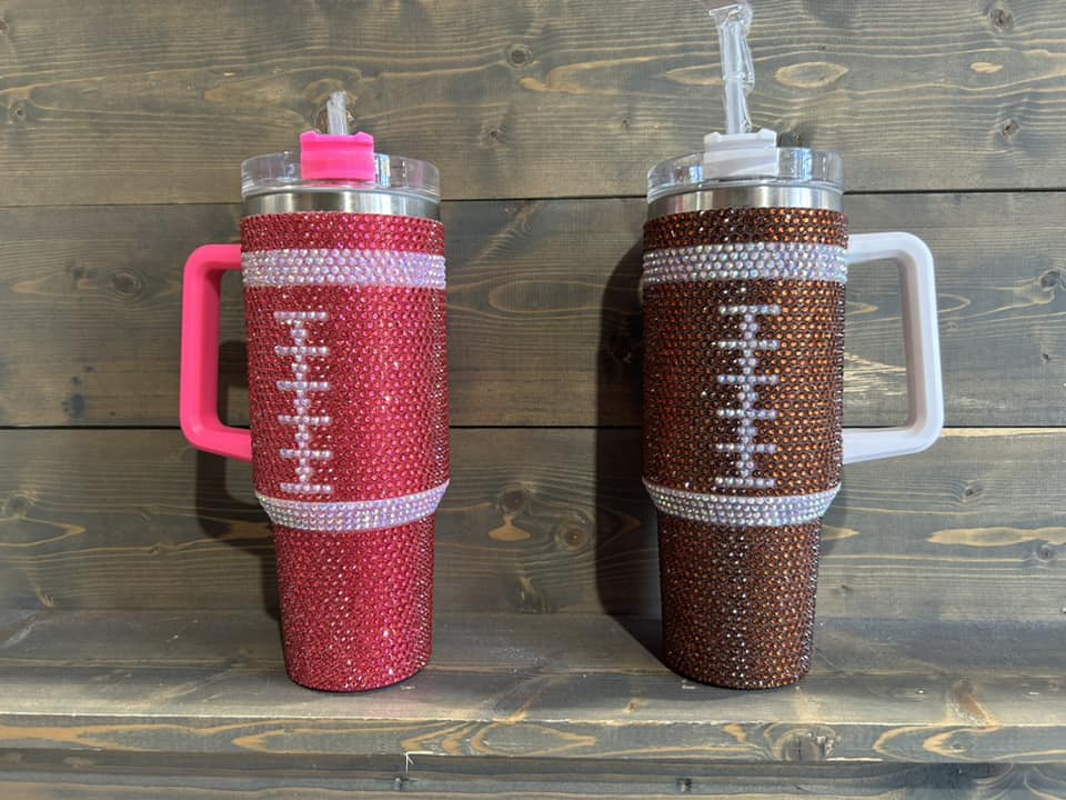 Game Day Football Bling 40oz Tumbler Brown and Pink