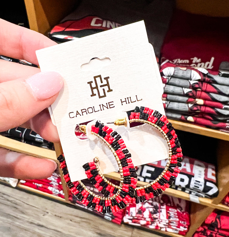 Game Day Beaded Hoop Earrings - Red & Black