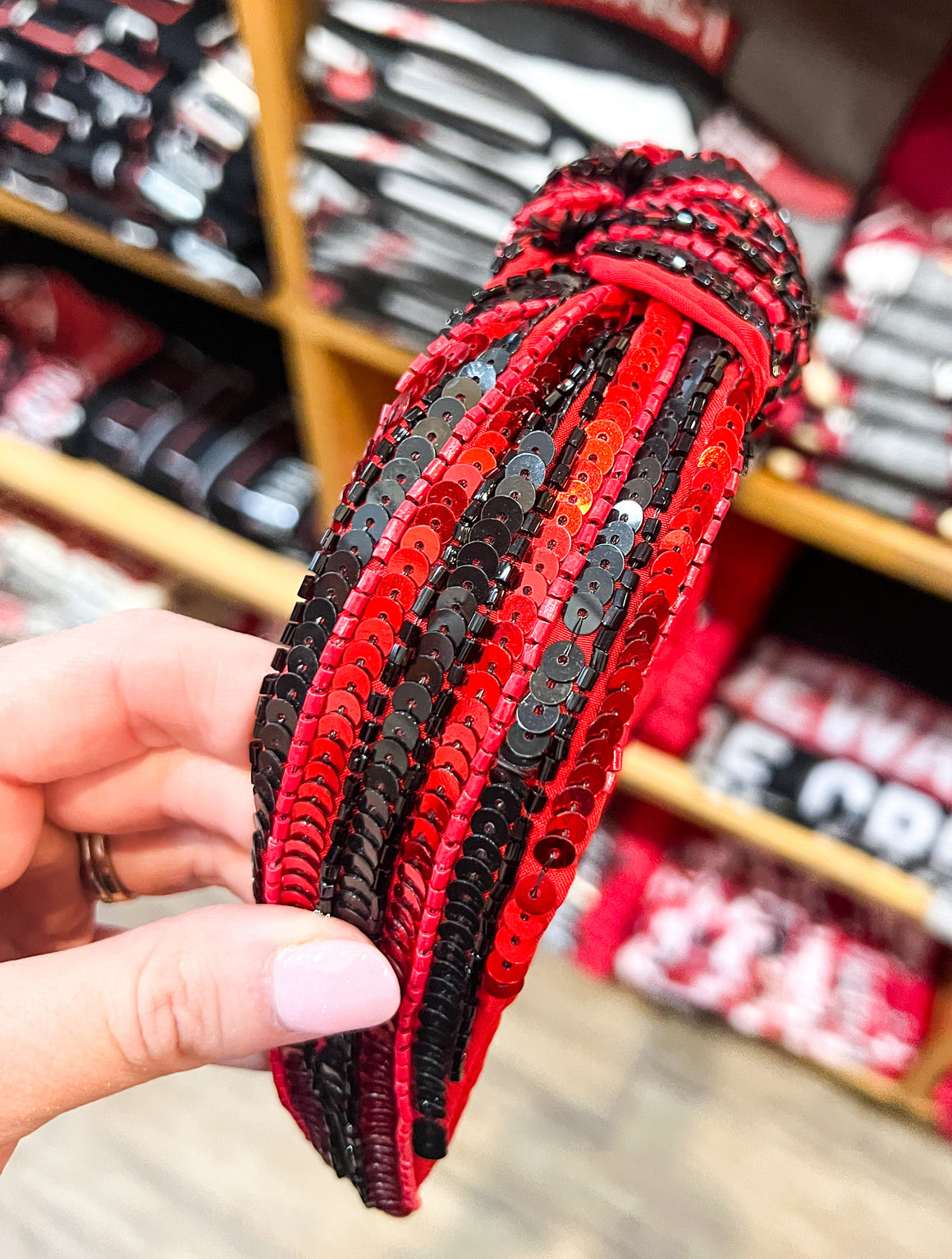 Game Day Sequin Striped Headband - Black & Red