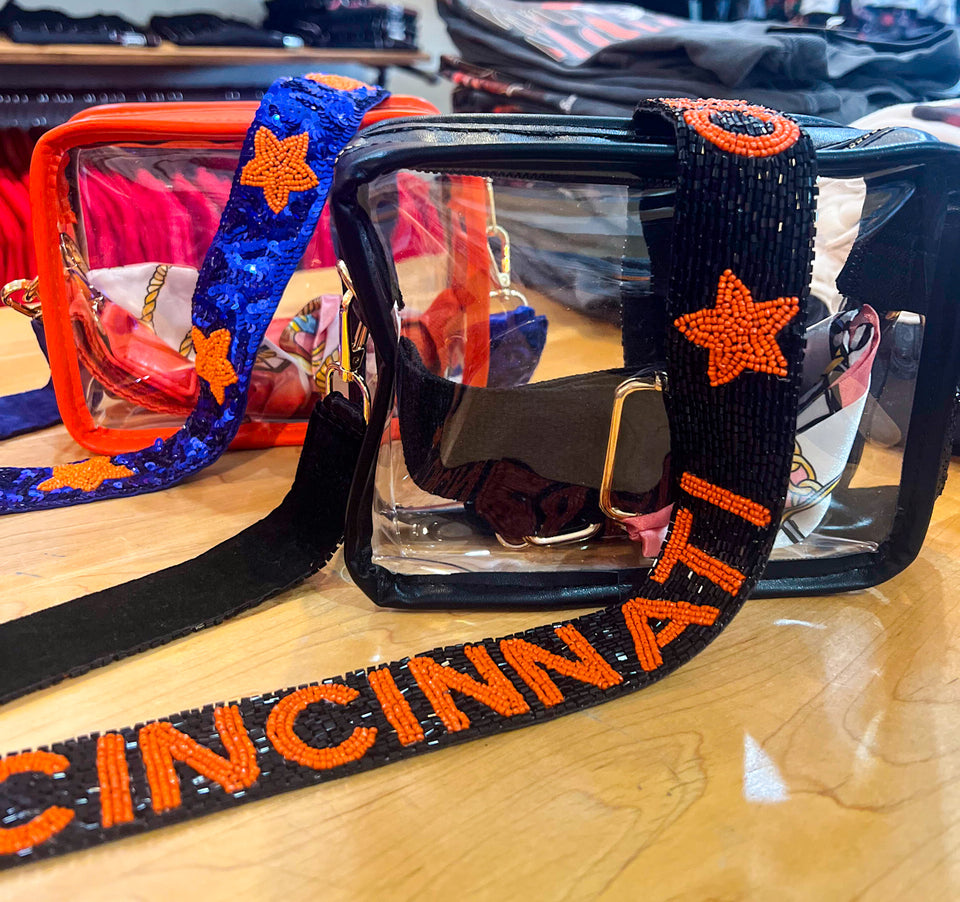 Cincinnati Football Beaded Bag Strap - Black & Orange On Clear Bag