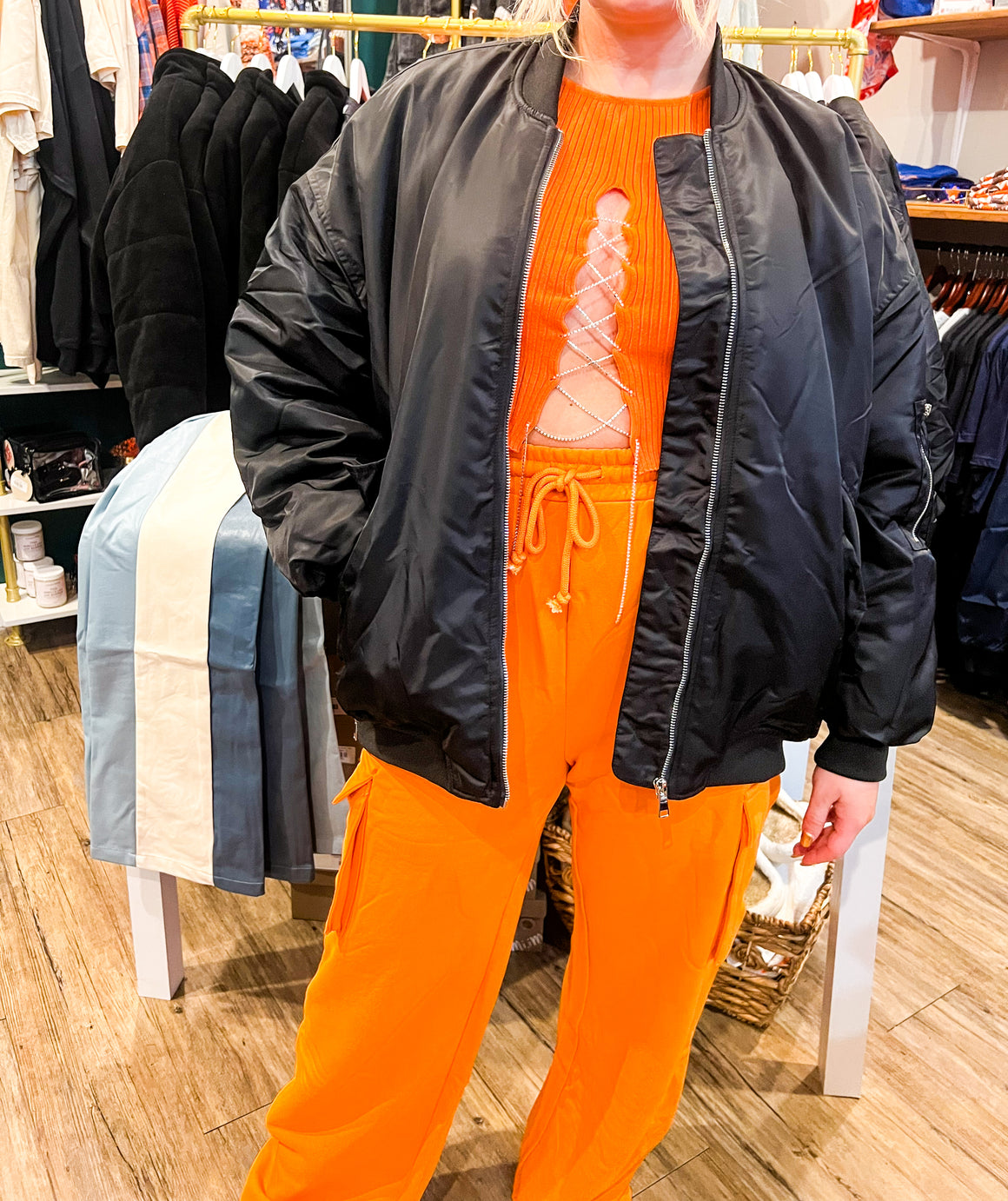 Franchise Elastic Waist Wide Jogger Pants - Orange Model Photo