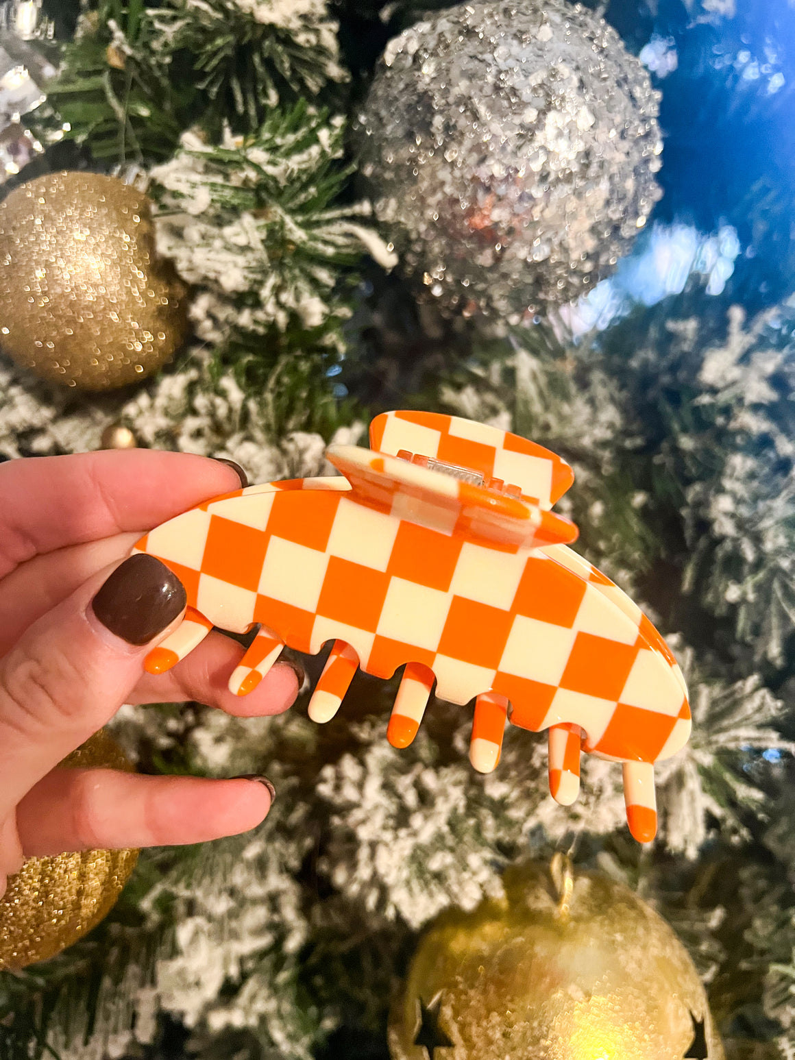 Game Day Checkered Claw Hair Clip - Neon Orange IRL PHoto