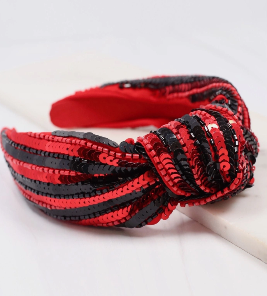 Game Day Sequin Striped Headband - Black & Red Stock Photo
