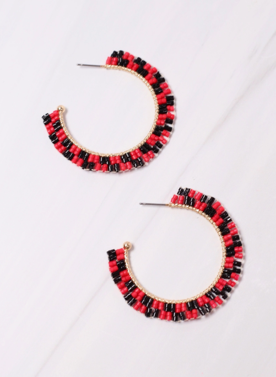 Game Day Beaded Hoop Earrings - Red & Black Product Picture